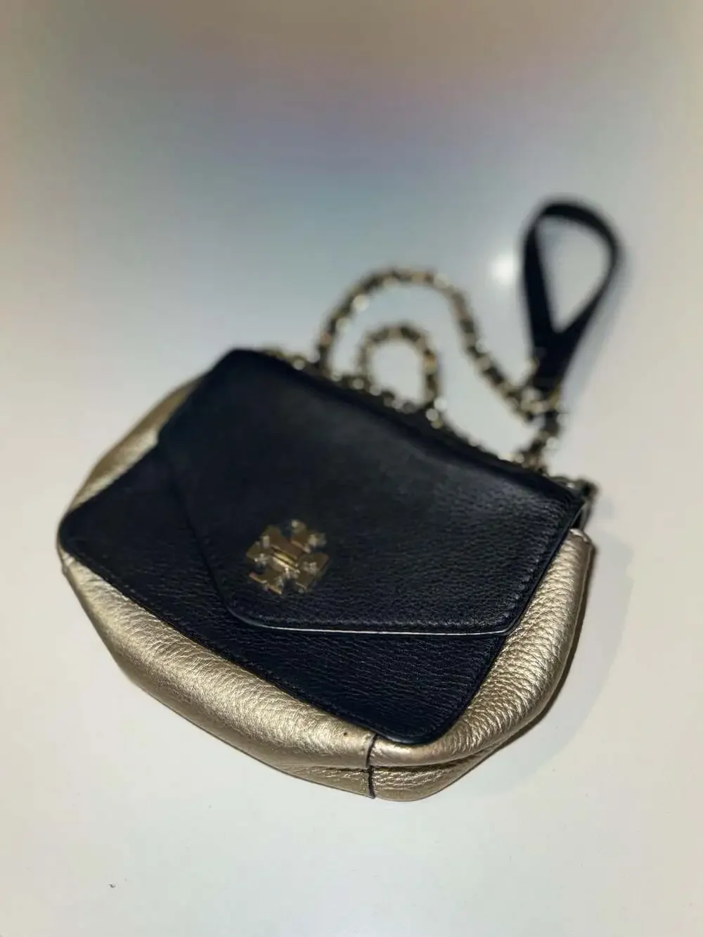 Tory Burch Marion Small Flap Crossbody Bag Black and Gold Metallic Leather